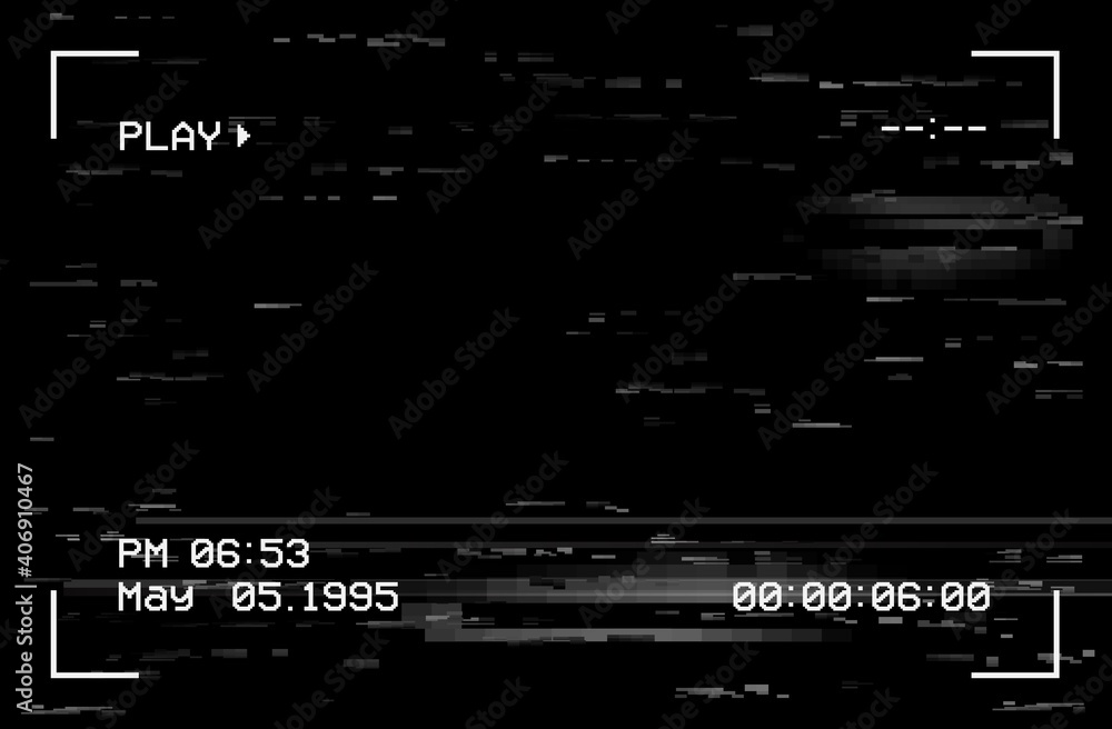 Poster camera film screen with glitch effect, vector vhs or video home system black background with random 
