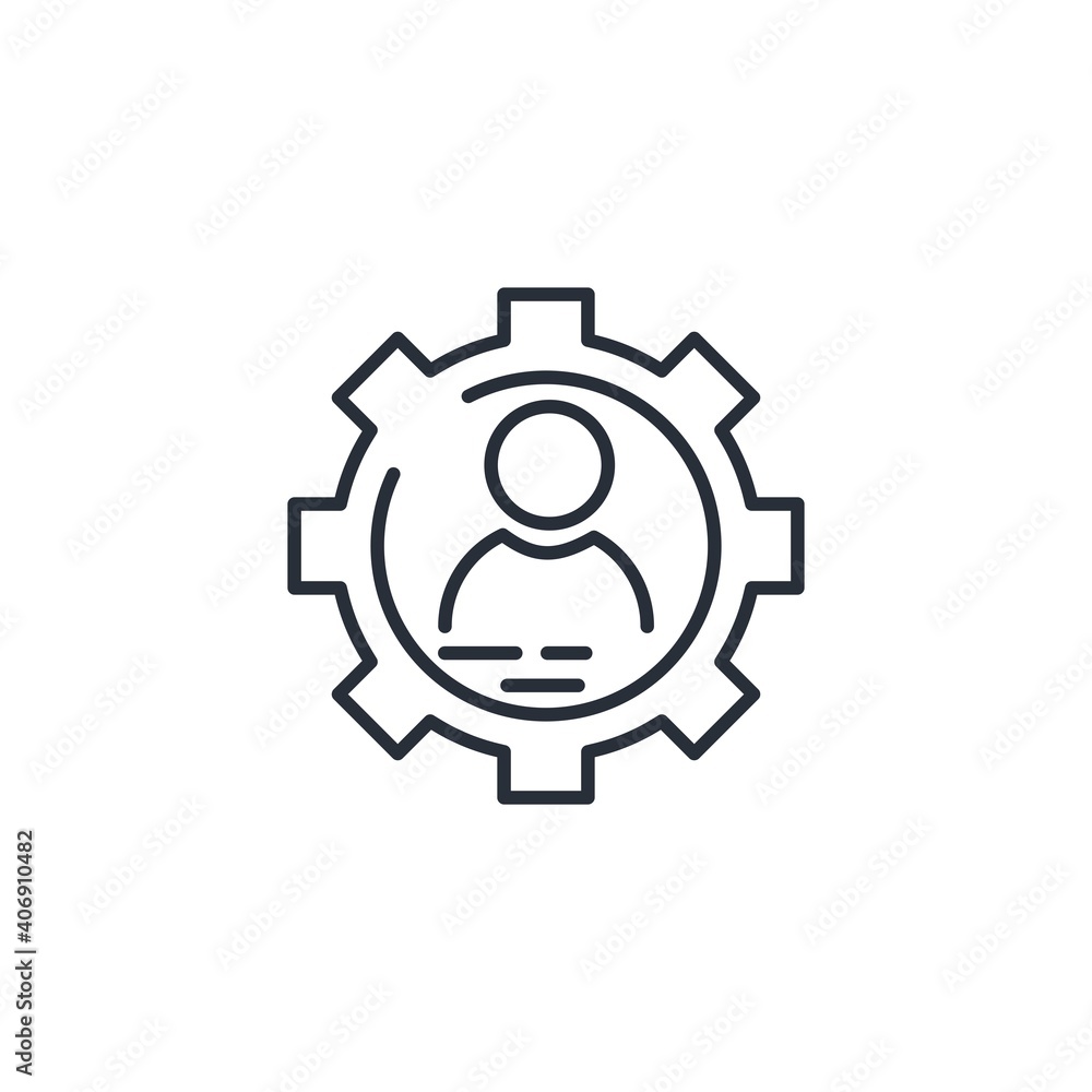 Poster man and gear. technical expert. vector linear icon isolated on white background.