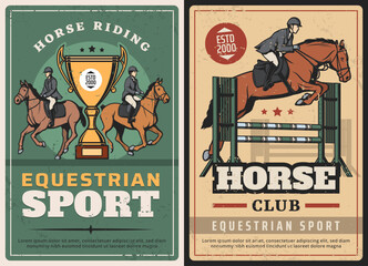 Equestrian sport, horse riding and race on hippodrome vintage posters. Vector jockeys competitions, professional ride. Horseback riding sports club grunge retro cards with rider and golden cup