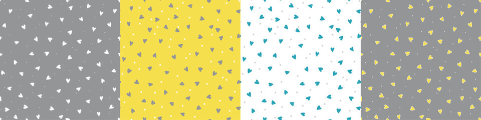 Set of hearts, dots vector pattern. Hand drawn texture. Gift wrap, print, cute background for a card, poster,. Fabric pattern design in trendy color 2021 ultimate grey, illuminating yellow