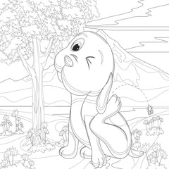 Adult coloring page, book a cute isolated dog, image for relaxing. Zen art style illustration.
