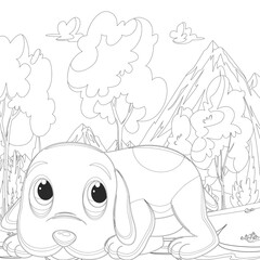 Adult coloring page, book a cute isolated dog, image for relaxing. Zen art style illustration.
