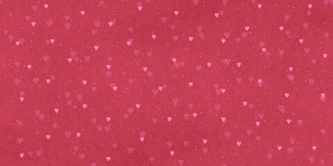 Abstract red background with hearts. Horizontal pink banner with rough texture