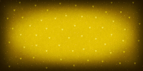 Abstract yellow background with hearts. Grunge rough texture with backlight. Horizontal banner with a dark vignette around the edges