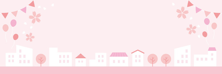 Fototapeta na wymiar Spring cityscape frame 淡いピンク色の春の街並みのフレーム