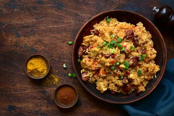 Jambalaya - spicy rice with tomatoes, meat and smoked sausage. Top view with copy space.