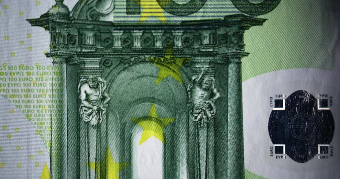 Stopmotion macro shooting quick change of fragments of a 100 EURO bill. Elements of a paper banknote. Fiat money of the financial system. Concept of cash flow and investment