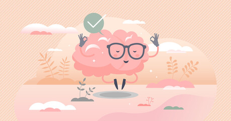 Calm brain meditation to relax balance or mental wellness tiny person concept