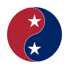 yin and yang symbol with stars shape, red and navy colors