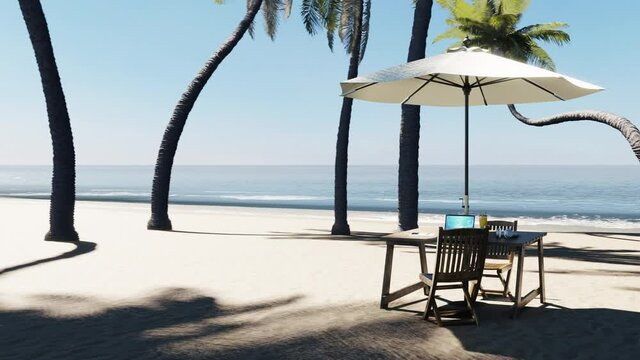 青い海に囲まれた南国のリゾート / 砂浜に置かれたウッドテーブルとノートPCの3Dモーショングラフィックス / リゾートワーク・ワーケーションのコンセプトイメージ