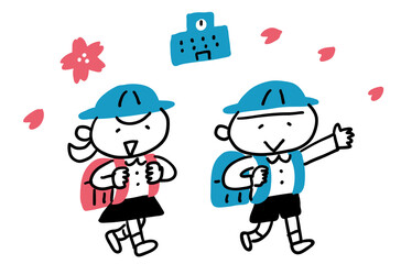 ランドセルで登校する男の子と女の子