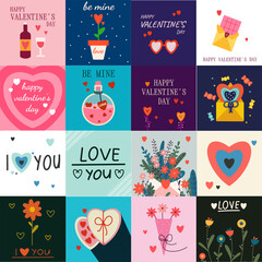 Large set of cards Happy Valentine's Day, February 14. Vector illustration with hearts, flowers, lettering, in bright colors. Suitable for social media posts, mobile apps, marketing materials.