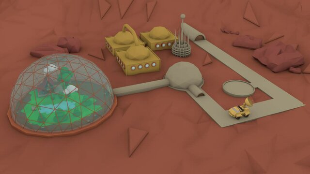 Low poly 3D animation of a Martian colony with a dome and a plot for life, a house and a lake with a tree. The rover is moving along the road to, the rocket lands on the surface of the spaceport.