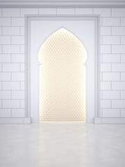 Fototapeta premium A niche in the Arab style, with a pattern inside illuminated around the perimeter. Wall with arch in islamic, muslim, arabic style. 3D Render