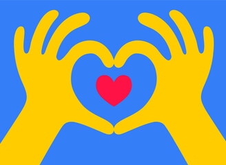 Heart shape made with hands. Vector illustration on blue background.