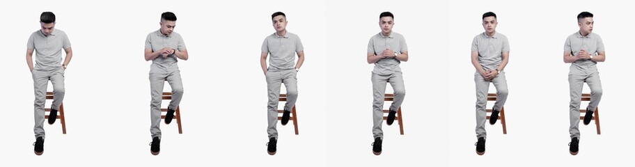 Collection of men wearing grey shirt posing and sit in a chair isolated on white background - Powered by Adobe