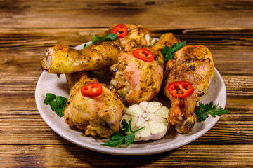 Baked chicken legs with parsley, garlic and sliced red hot pepper in a plate