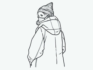 A woman standing with her back. Wear a mask. New normal. Human character on white background. Hand drawn style vector design illustrations.