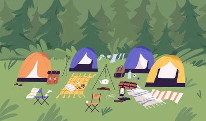  Touristic summer campground with tents, picnic blankets, sleeping bags and backpacks. Camping area in clearing in forest. Tourism in nature. Colored flat vector horizontal illustration © Good Studio