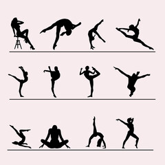 man and woman exercise. set of yoga silhouettes 