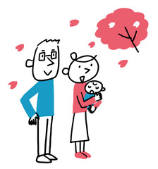 桜を見ている夫婦と赤ちゃん　全身