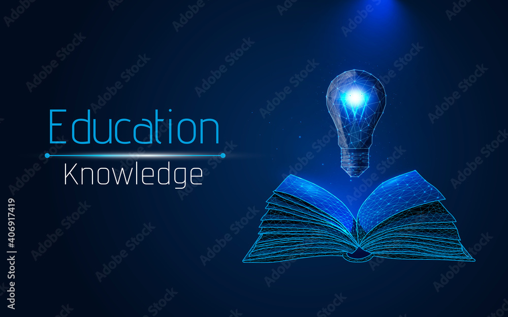Poster the concept of learning, learning new, development. open book and light bulb symbol of idea, mind an