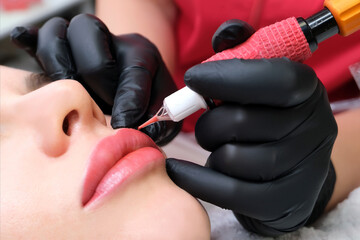 Close up of permanent lip makeup. lip tattoo. - obrazy, fototapety, plakaty