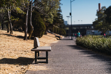 urban park bench at sunrise