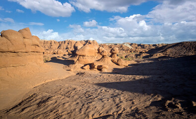 Fototapeta na wymiar Out of this world Goblin Valley State Park unique mushroom shaped sandstone hoodoos and formations in a strange semi desert setting in Green River Utah