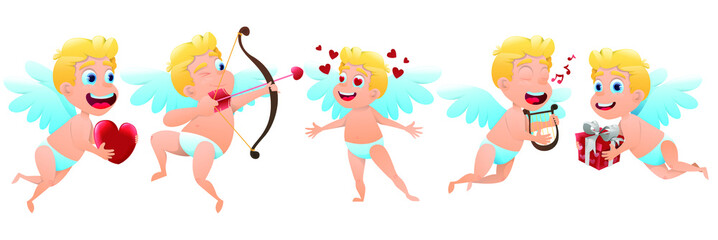 Set of Valentine cupids on white background. Cartoon angels with hearts gifts and cupid arrows. Vector illustration