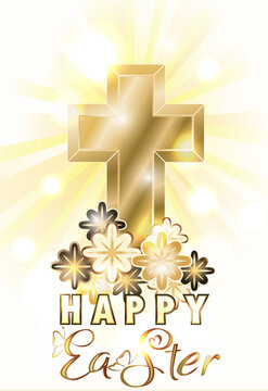 Happy Easter invitation card with golden christian cross and flowers, vector illustration