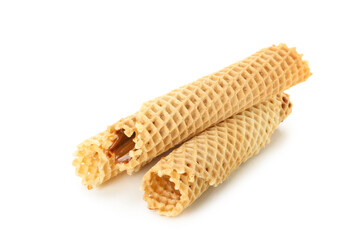 Wafer rolls with condensed milk isolated on white background