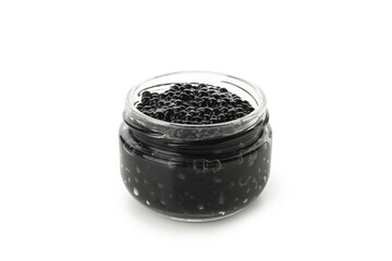 Glass jar with black caviar isolated on white background