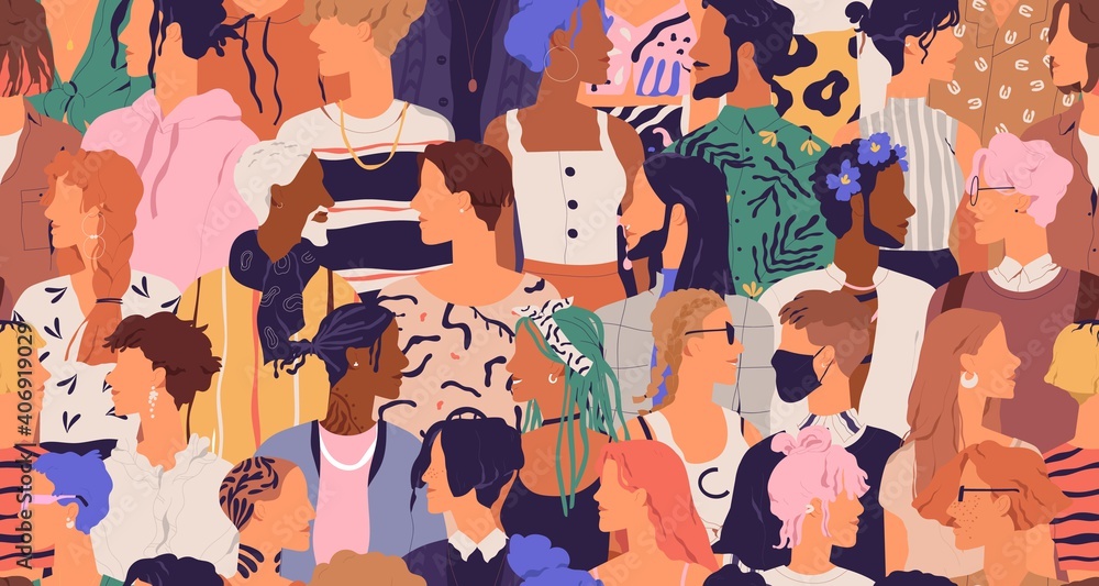 Aufkleber seamless pattern of diverse modern people. human crowd with different multiracial men and women. end