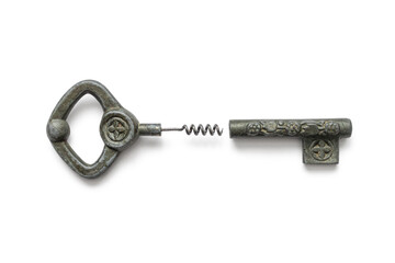 Vintage corkscrew in the form of a key isolated on a white background