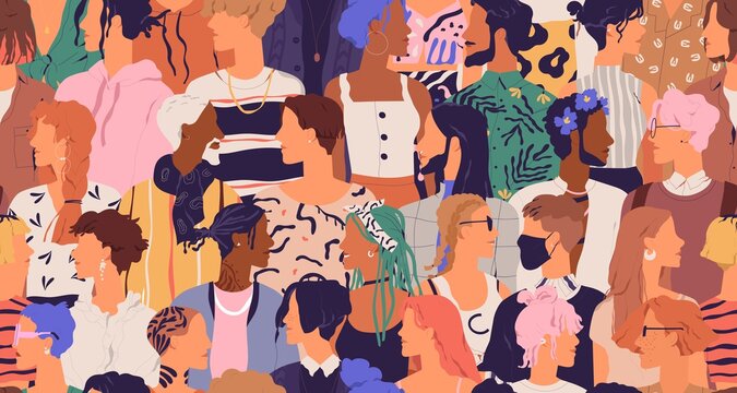 Seamless pattern of diverse modern people. Human crowd with different multiracial men and women. Endless repeatable texture with international society. Colored flat vector illustration