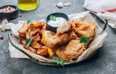 Traditional British Fish and Chips with tartar sauce on dark concrete background. Selective focus