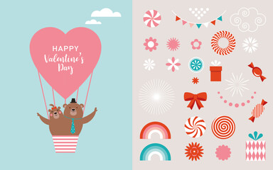 Valentine's Day Set . Collection of design elements and greeting card. Two Cute Bears fly balloon. Happy Valentine's Day