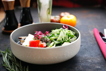 Fresh vegetable salad, colorful healthy diet. Food served on a plate, food styling, serving suggestions, culinary photography.