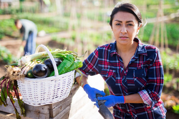 Portrait of cheerful latin american woman posing with fresh vegetable harvest in backyard garden