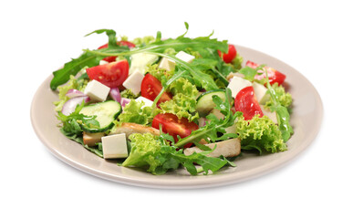 Delicious salad with meat, arugula and vegetables isolated on white