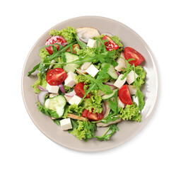 Delicious salad with meat, arugula and vegetables isolated on white, top view