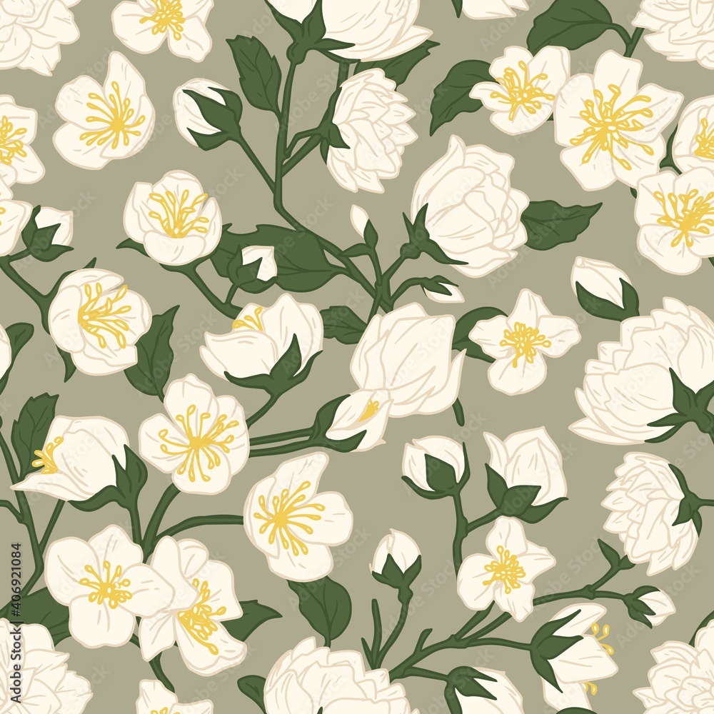 Poster seamless pattern of blossomed white jasmine flowers. design of floral repeatable background for prin