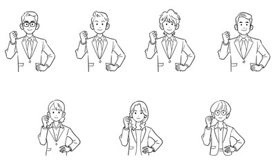 ガッツポーズするビジネスマンとビジネスウーマンの上半身のセット　線画
