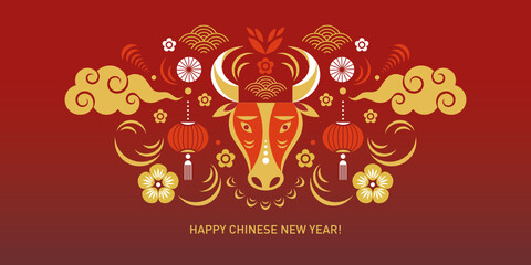 Chinese Happy New Year 2021. Year of the Bull. Greetings card.  Horizontal banner. Traditional chinese elements, lanterns, flowers, red and gold colors