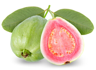 Pink guava fruit with leaf isolated on white background, Fresh Pink guava on White With clipping path.