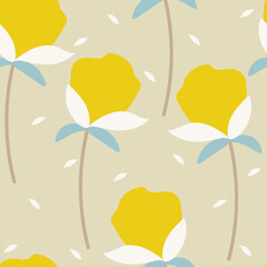 Seamless pattern with cute cartoon flowers and leaves for fabric print, textile, gift wrapping paper. colorful vector for kids, flat style