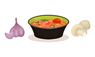 Tom Yum or Tom Yam as Hot and Sour Thai Soup and Ingredients Vector Set