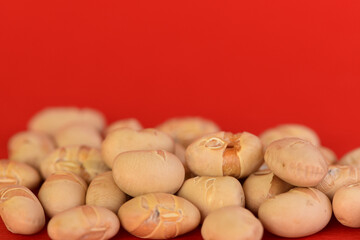 Soy beans isolated on red background.