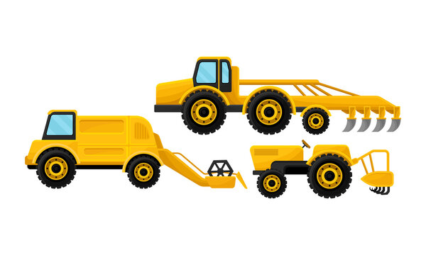 Agricultural Machinery with Farm Truck Used in Harvesting Vector Set